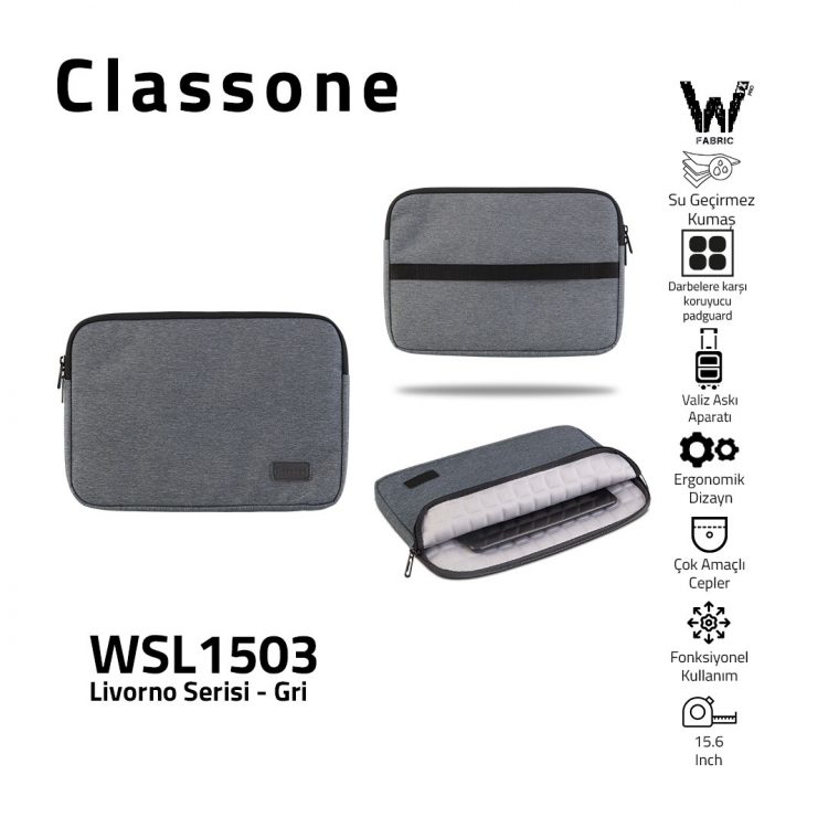 Classone Livorno Serisi WSL1503 15.6 inch uyumlu WTXpro Su Geçirmez Kumaş Macbook, Laptop , Notebook Taşıma Çantası-Gri