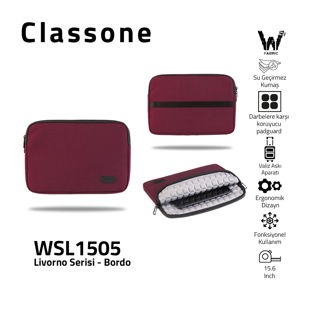 Classone Livorno Serisi WSL1505 15.6 inch uyumlu WTXpro Su Geçirmez Kumaş Macbook, Laptop , Notebook Taşıma Çantası-Bordo