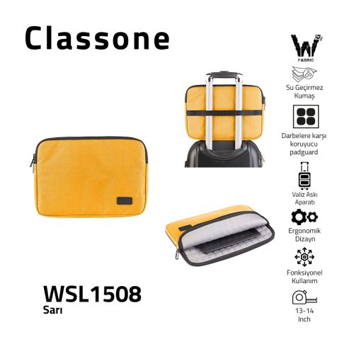 Classone Livorno Serisi WSL1508 15.6 inch uyumlu Macbook, Laptop , Notebook Taşıma Çantası-Sarı