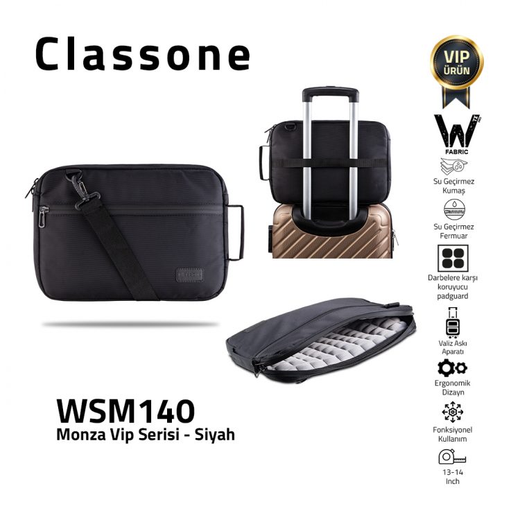 Classone Monza VIP Serisi,13-14 inch Uyumlu WSM140 WTXpro Su Geçirmez Kumaş, Su Geçirmez Fermuar Macbook,Macbook Air Laptop , Notebook  Çantası- Siyah