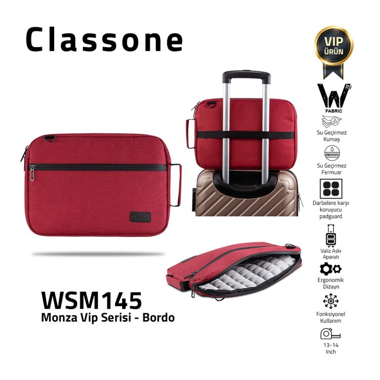 Classone Monza VIP Serisi,13-14 inch Uyumlu WSM145 WTXpro Su Geçirmez Kumaş, Su Geçirmez Fermuar Macbook,Macbook Air Laptop , Notebook  Çantası- Bordo