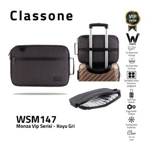 Classone Monza VIP-Serie, 13–14 Zoll, kompatibel mit WSM147 WTXpro, wasserdichter Stoff, wasserdichter Reißverschluss, MacBook, MacBook Air, Laptop, Notebook-Tasche – Dunkelgrau