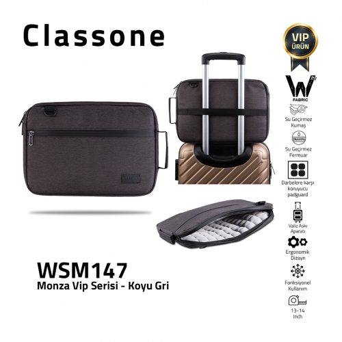 Classone Monza VIP Serisi,13-14 inch Uyumlu WSM147 WTXpro Su Geçirmez Kumaş, Su Geçirmez Fermuar Macbook,Macbook Air Laptop , Notebook  Çantası- Koyu Gri