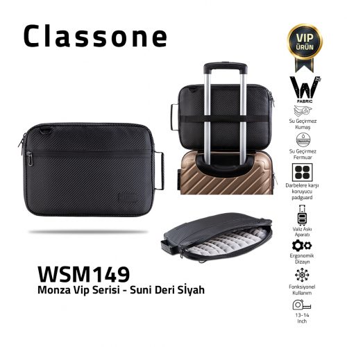 Classone Monza VIP Serisi,13-14 inch Uyumlu WSM149 WTXpro Su Geçirmez Kumaş, Su Geçirmez Fermuar Macbook,Macbook Air Laptop , Notebook  Çantası- Suni Deri Siyah