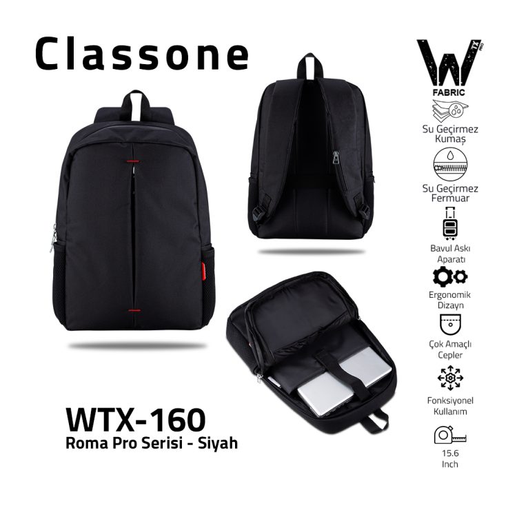 Classone WTX-160 Roma Pro Serisi WTXpro Su Geçirmez Kumaş, Su Geçirmez Fermuar 15.6 inch uyumlu Macbook, Laptop, Notebook  Sırt  Çantası –Siyah