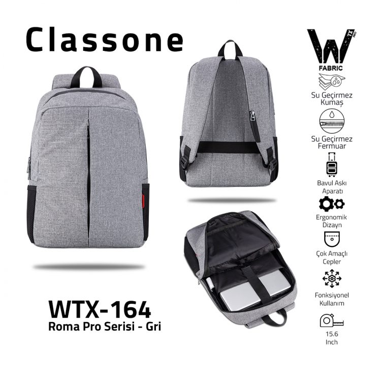 Classone WTX-164 Roma Pro Serisi WTXpro Su Geçirmez Kumaş, Su Geçirmez Fermuar 15.6 inch uyumlu Macbook, Laptop, Notebook  Sırt  Çantası –Gri