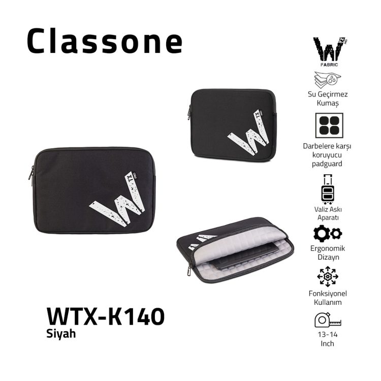 Classone WTX-K140 13, 14 inch WTXpro Serisi Su Geçirmez Kumaş, Macbook,Mac Air,Laptop Kılıfı - Siyah