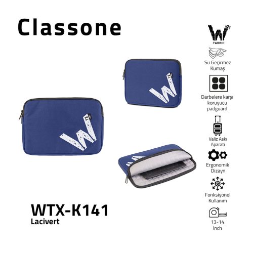 Classone WTX-K141 13, 14 inch WTXpro Serisi Su Geçirmez Kumaş, Macbook,Mac Air,Laptop Kılıfı - Lacivert