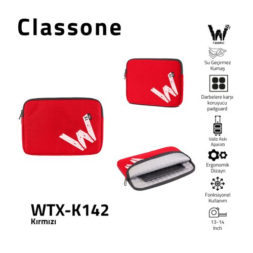 Classone WTX-K142 13, 14 inch WTXpro Serisi Su Geçirmez Kumaş, Macbook,Mac Air,Laptop Kılıfı - Kırmızı