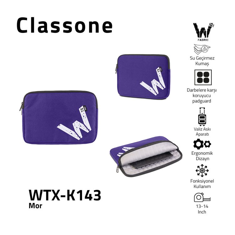 Classone WTX-K143 13, 14 inch WTXpro Serisi Su Geçirmez Kumaş, Macbook,Mac Air,Laptop Kılıfı - Mor