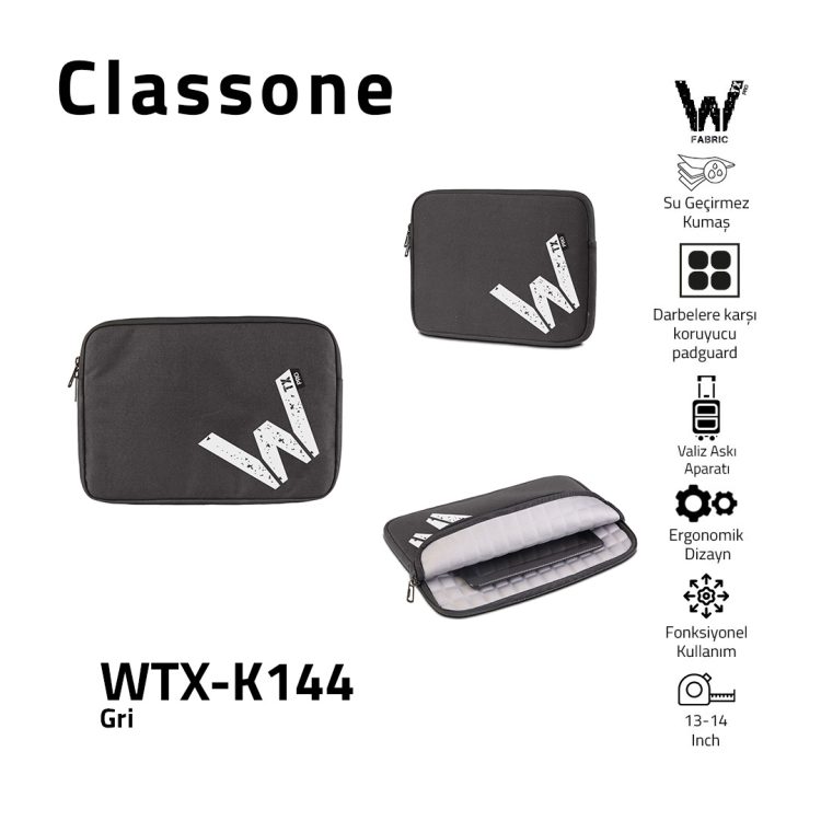 Classone WTX-K144 13, 14 inch WTXpro Serisi Su Geçirmez Kumaş, Macbook,Mac Air,Laptop Kılıfı - Gri