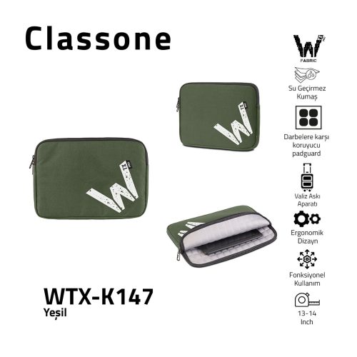 Classone WTX-K147 13, 14 inch WTXpro Serisi Su Geçirmez Kumaş, Macbook,Mac Air,Laptop Kılıfı - Yeşil