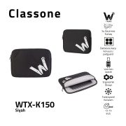 Classone WTX-K150 15.6 ,16 inch WTXpro Serisi Su Geçirmez Kumaş, Macbook,Mac Air,Laptop Kılıfı - Siyah