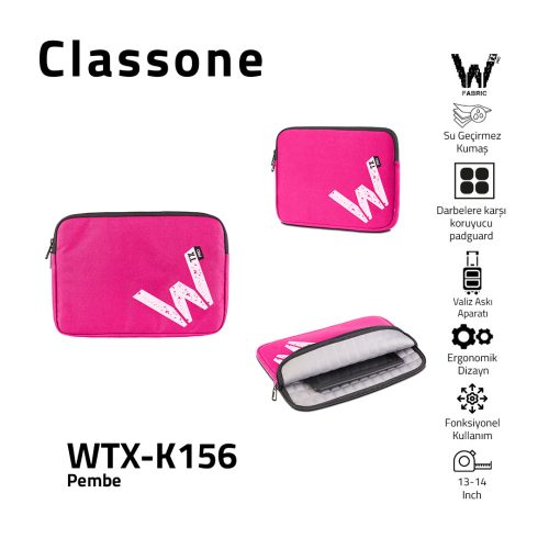 Classone WTX-K156 15.6 ,16 inch WTXpro Serisi Su Geçirmez Kumaş, Macbook,Mac Air,Laptop Kılıfı - Pembe