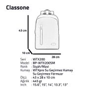 Classone WTX200SM Pro 15.6 inch uyumlu WTXpro Su Geçirmez Kumaş, Su Geçirmez Fermuar, Macbook , Laptop , Notebook  Sırt  Çantası –Siyah/Mavi