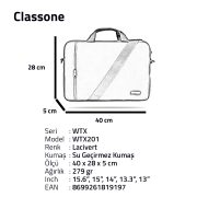 Classone WTX201 WTXpro  Serisi Su Geçirmez Kumaş 15.6 inch Uyumlu Macbook, Laptop , Notebook El Çantası- Lacivert