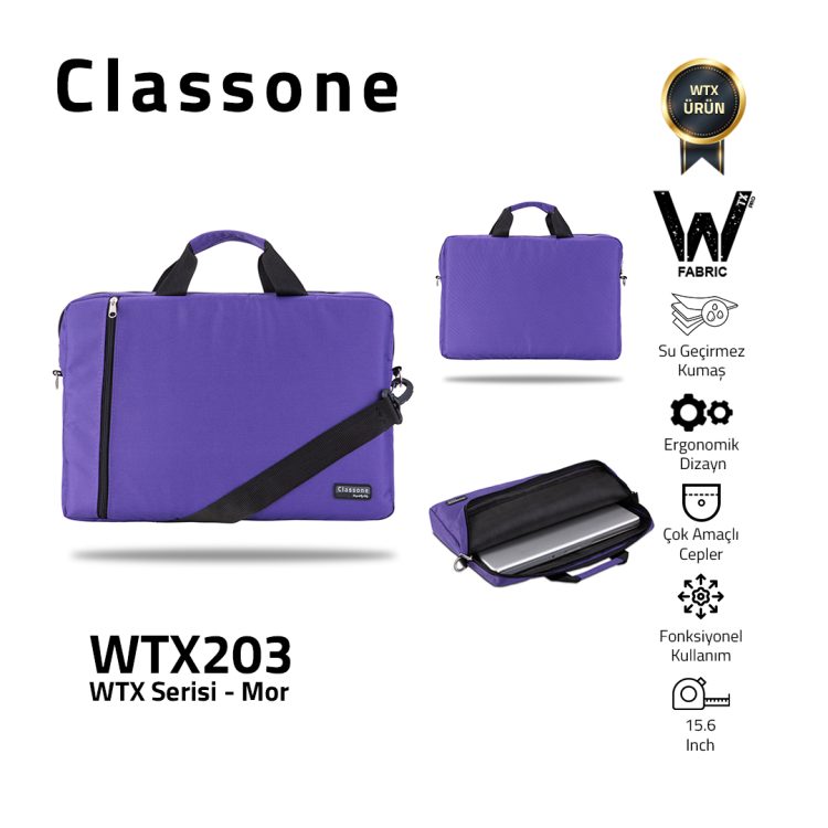 Classone WTX203 WTXpro  Serisi Su Geçirmez Kumaş 15.6 inch Uyumlu Macbook, Laptop , Notebook El Çantası- Mor