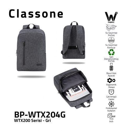 Classone WTX204G Pro 15.6 inch uyumlu WTXpro Su Geçirmez Kumaş, Su Geçirmez Fermuar, Geri Dönüştürülmüş Kumaş, Macbook , Laptop , Notebook  Sırt  Çantası –Gri
