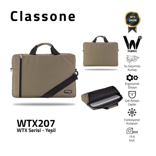 Classone WTX207 WTXpro  Serisi Su Geçirmez Kumaş 15.6 inch Uyumlu Macbook, Laptop , Notebook El Çantası- Yeşil