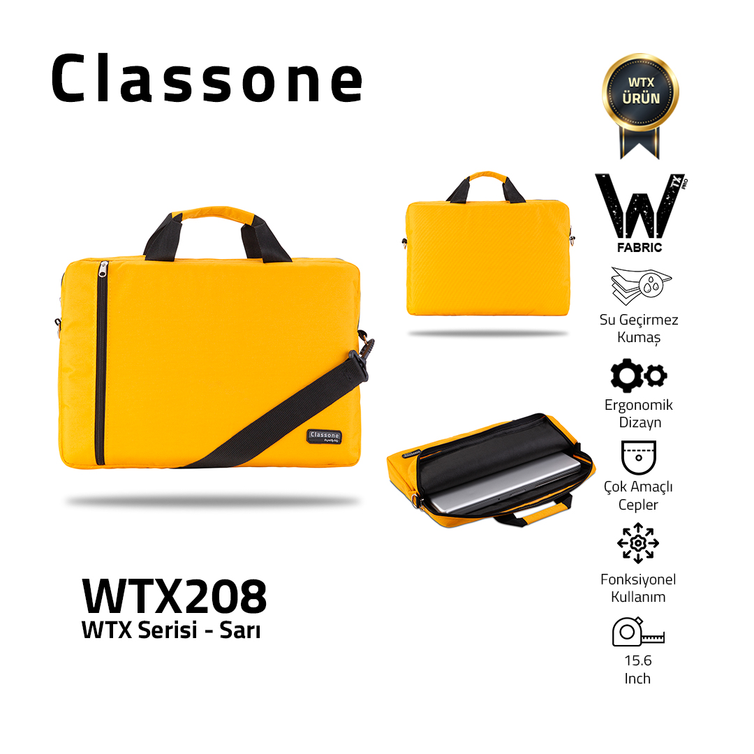 Classone WTX208 WTXpro  Serisi Su Geçirmez Kumaş 15.6 inch Uyumlu Macbook, Laptop , Notebook El Çantası- Sarı
