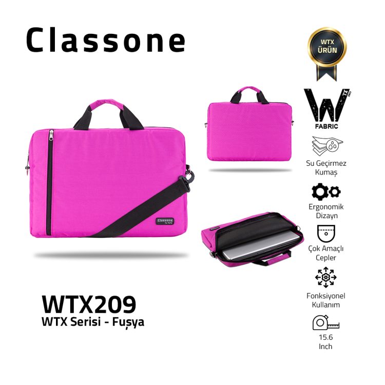 Classone WTX209 WTXpro  Serisi Su Geçirmez Kumaş 15.6 inch Uyumlu Macbook, Laptop , Notebook El Çantası- Fuşya
