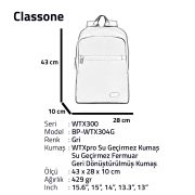 Classone WTX304G Pro 15.6 inch uyumlu WTXpro Su Geçirmez Kumaş, Su Geçirmez Fermuar, Geri Dönüştürülmüş Kumaş, Macbook , Laptop , Notebook  Sırt  Çantası –Gri