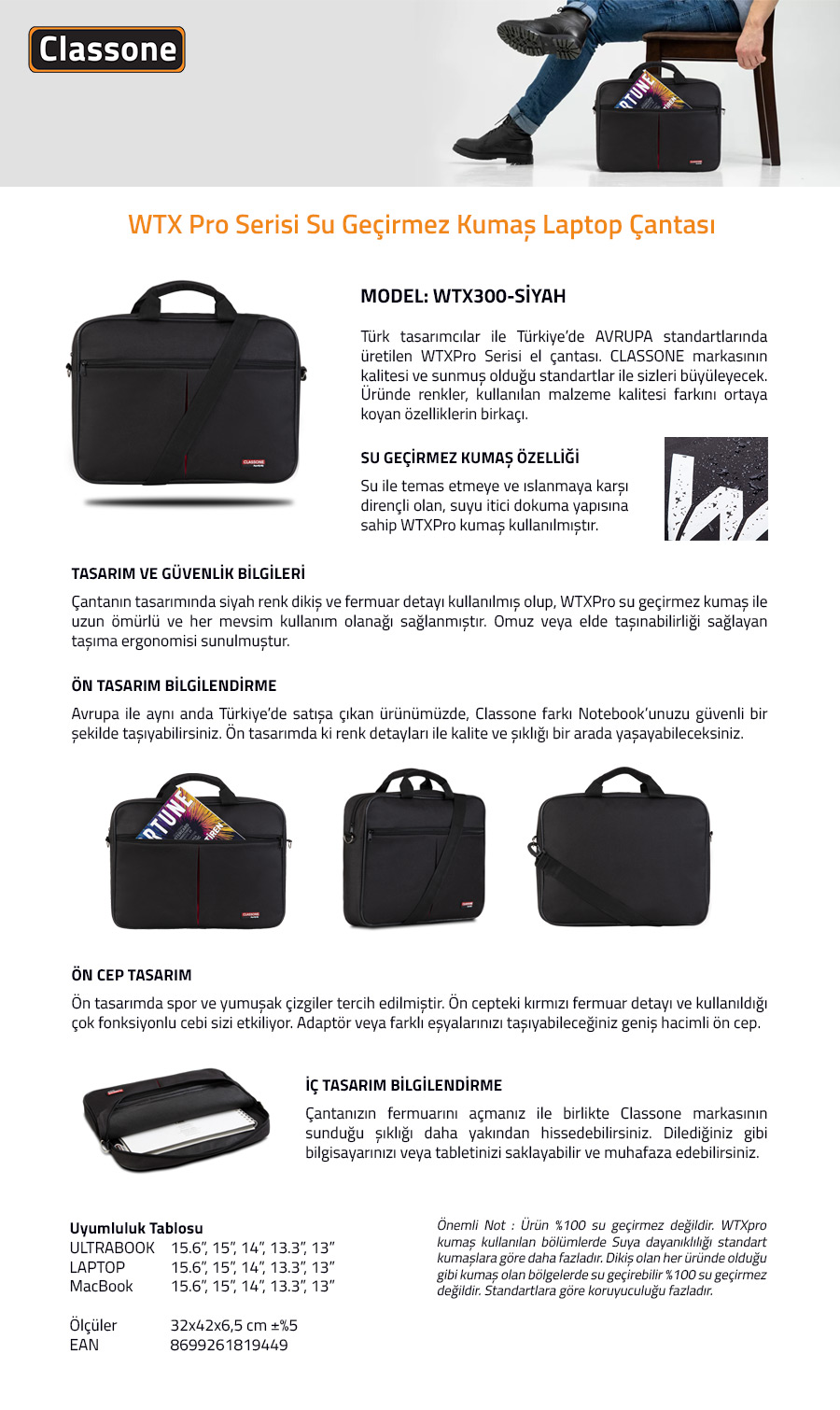 Classone WTX300 WTXpro Serisi 15.6 inch Uyumlu Su Geçirmez Kumaş  Macbook, Laptop , Notebook El Çantası- Siyah