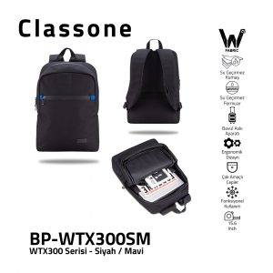 Classone WTX300SM Pro 15.6 inch uyumlu WTXpro Su Geçirmez Kumaş, Su Geçirmez Fermuar, Macbook , Laptop , Notebook  Sırt  Çantası –Siyah/Mavi