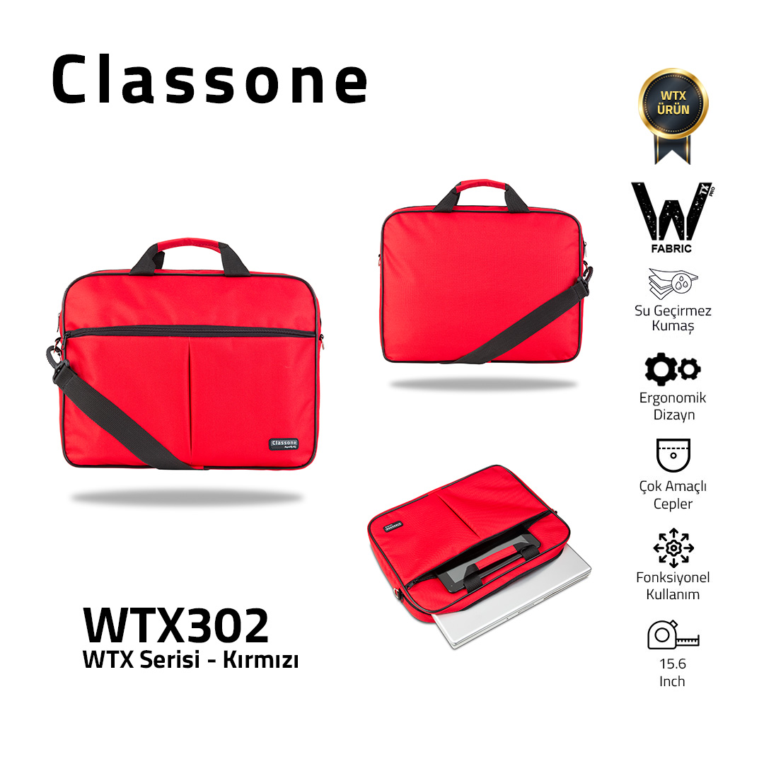 Classone WTX302 WTXpro Serisi 15.6 inch Uyumlu Su Geçirmez Kumaş Macbook, Laptop , Notebook El Çantası- Kırmızı