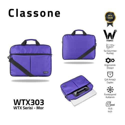 Classone WTX303 WTXpro Serisi 15.6 inch Uyumlu Su Geçirmez Kumaş Macbook, Laptop , Notebook El Çantası- Mor