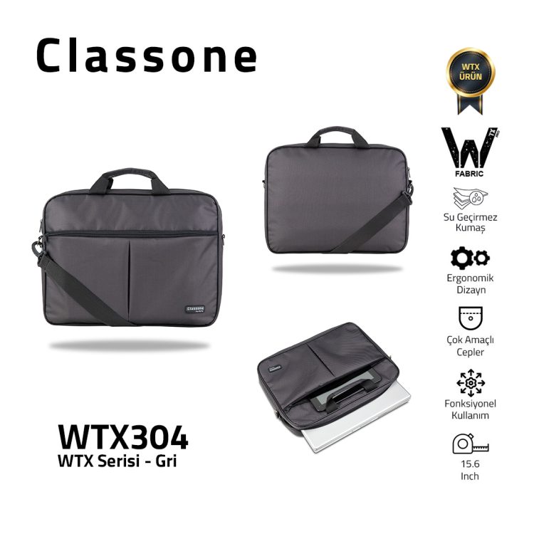 Classone WTX304 WTXpro Serisi 15.6 inch Uyumlu Su Geçirmez Kumaş Macbook, Laptop , Notebook El Çantası- Gri