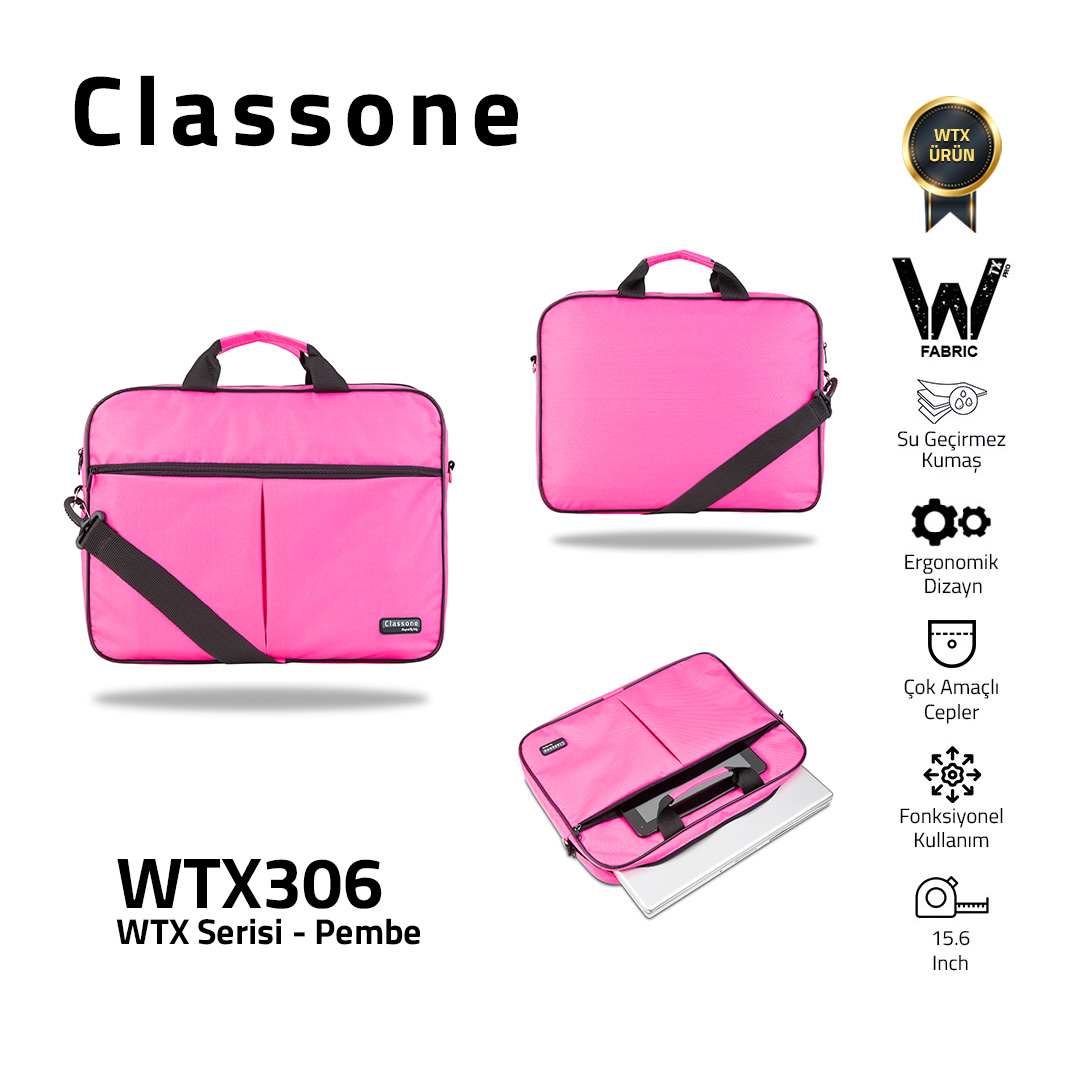 Classone WTX306 WTXpro Serisi 15.6 inch Uyumlu Su Geçirmez Kumaş Macbook, Laptop , Notebook El Çantası- Pembe