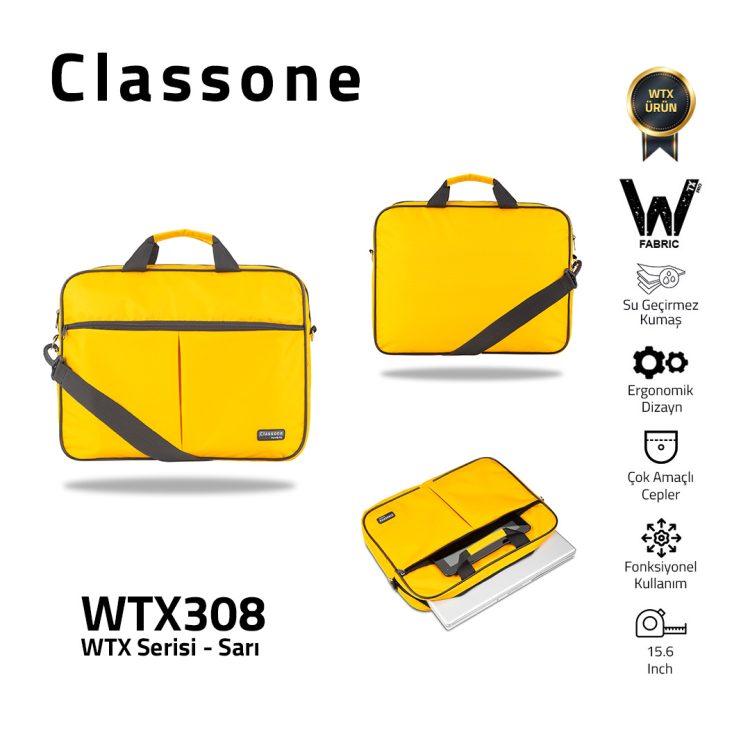 Classone WTX308 WTXpro Serisi 15.6 inch Uyumlu Su Geçirmez Kumaş Macbook, Laptop , Notebook El Çantası- Sarı