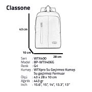 Classone WTX406G Pro 15.6 inch uyumlu WTXpro Su Geçirmez Kumaş, Su Geçirmez Fermuar, Macbook , Laptop , Notebook  Sırt  Çantası –Gri