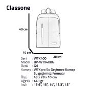 Classone WTX408G Pro 15.6 inch uyumlu WTXpro  Su Geçirmez Kumaş, Su Geçirmez Fermuar, Macbook , Laptop , Notebook  Sırt  Çantası –Gri