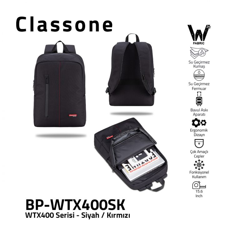 Classone WTX400SK Pro 15.6 inch uyumlu WTXpro Su Geçirmez Kumaş, Su Geçirmez Fermuar,  Macbook , Laptop , Notebook  Sırt  Çantası –Siyah/Kırmızı