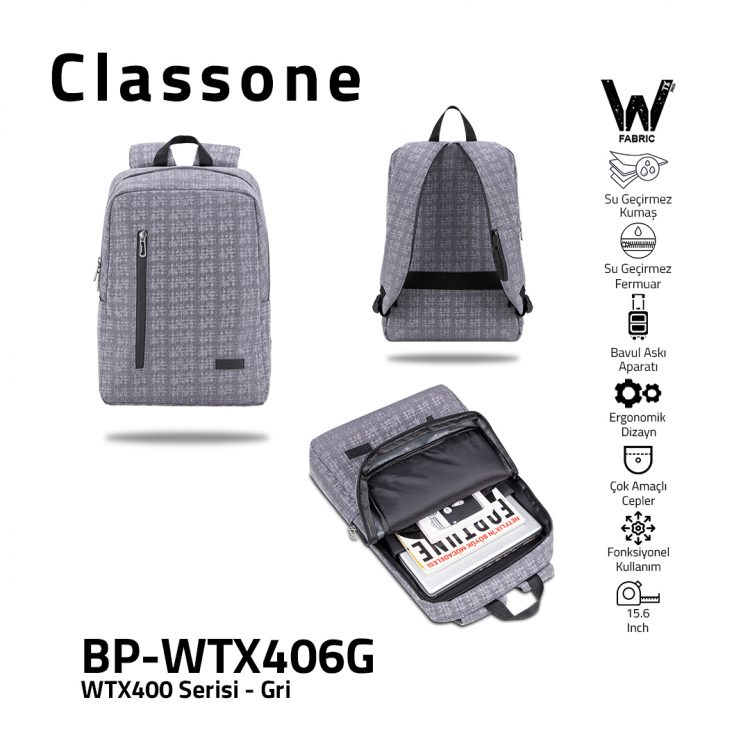 Classone WTX406G Pro 15.6 inch uyumlu WTXpro Su Geçirmez Kumaş, Su Geçirmez Fermuar, Macbook , Laptop , Notebook  Sırt  Çantası –Gri