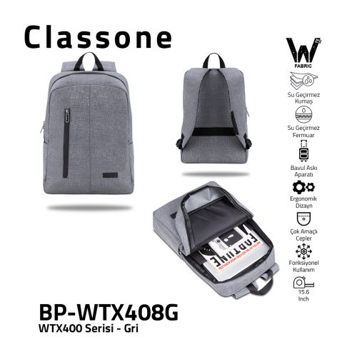 Classone WTX408G Pro 15.6 inch uyumlu WTXpro  Su Geçirmez Kumaş, Su Geçirmez Fermuar, Macbook , Laptop , Notebook  Sırt  Çantası –Gri