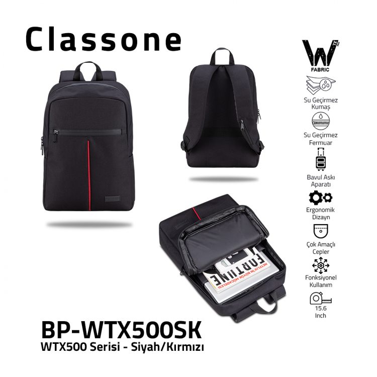 Classone WTX500SK Pro 15.6 inch uyumlu WTXpro  Su Geçirmez Kumaş, Su Geçirmez Fermuar, Macbook , Laptop , Notebook  Sırt  Çantası –Siyah/Kırmızı