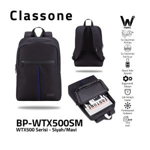 Classone WTX500SM Pro 15.6 inch uyumlu WTXpro Su Geçirmez Kumaş, Su Geçirmez Fermuar, Macbook , Laptop , Notebook Sırt Çantası –Siyah/Mavi