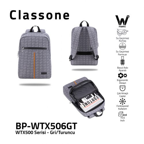 Classone WTX506GT Pro 15.6 inch uyumlu WTXpro Su Geçirmez Kumaş, Su Geçirmez Fermuar, Macbook , Laptop , Notebook  Sırt  Çantası -Gri/Turuncu