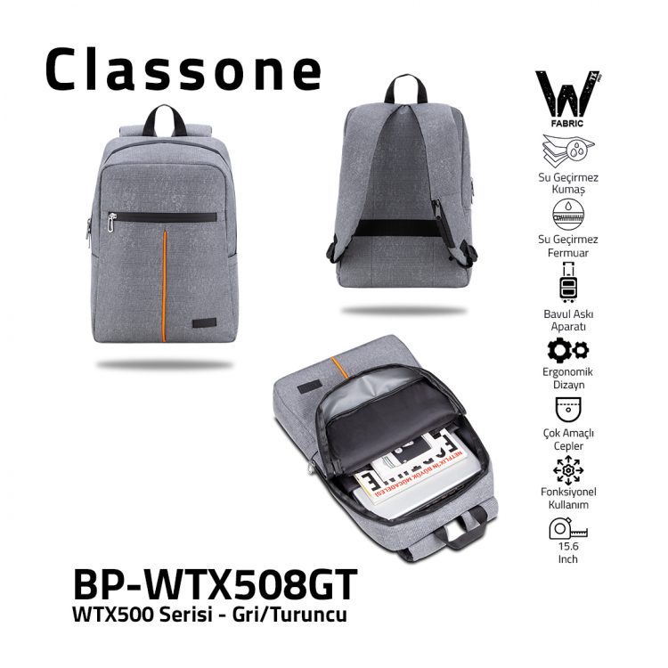 Classone WTX508GT Pro 15.6 inch uyumlu WTXpro Su Geçirmez Kumaş, Su Geçirmez Fermuar,Macbook , Laptop , Notebook  Sırt  Çantası -Gri/Turuncu