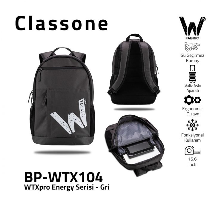 Classone WTXpro Energy Serisi BP-WTX104 15.6 inch Uyumlu Macbook, Laptop , Notebook Sırt Çantası- Gri