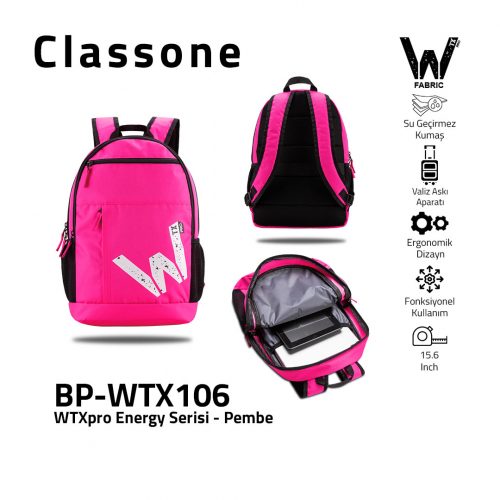 Classone WTXpro Energy Serisi BP-WTX106 15.6 inch Uyumlu Macbook, Laptop, Notebook Sırt Çantası- Pembe