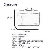 Classone WorkOut Serisi TL4004 WTXpro Su Geçirmez Kumaş 15.6 inch Laptop , Notebook Çantası -Gri