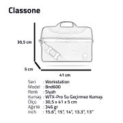 Classone WorkStation3 Serisi BND600 WTXpro Su Geçirmez Kumaş 15.6 ” Laptop Çantası-Siyah