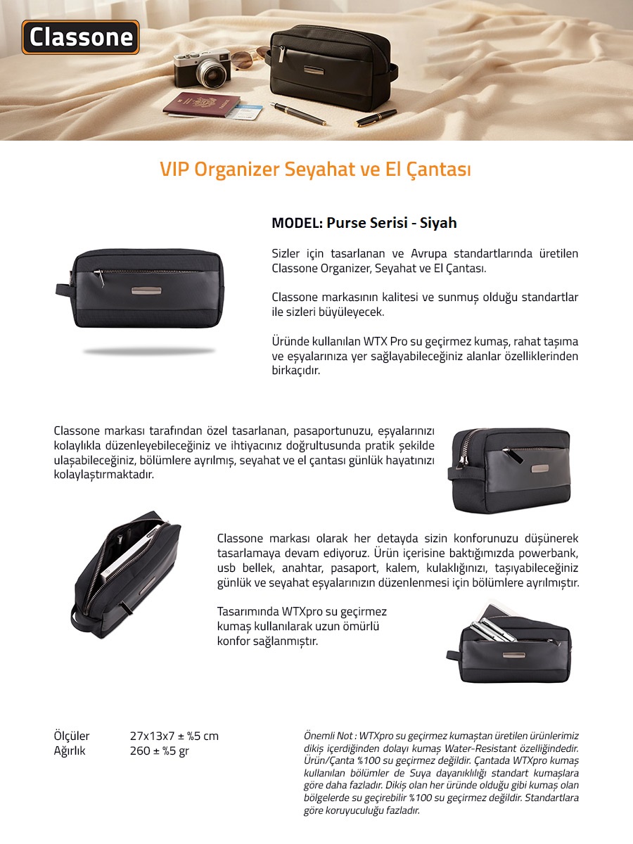 VIP - Purse Serisi WTXPro Su Geçirmez Kumaş El Çantası - Metal aksesuar - Siyah
