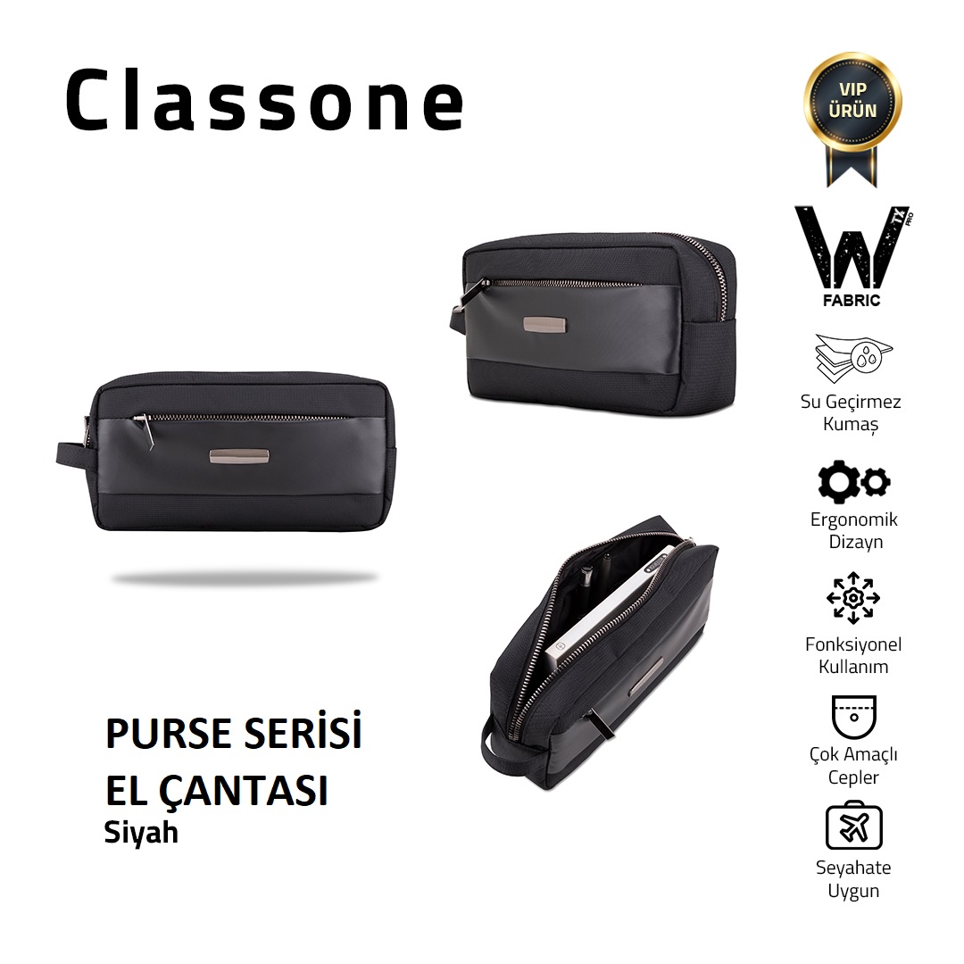 VIP - Purse Serisi WTXPro Su Geçirmez Kumaş El Çantası - Metal aksesuar  - Siyah