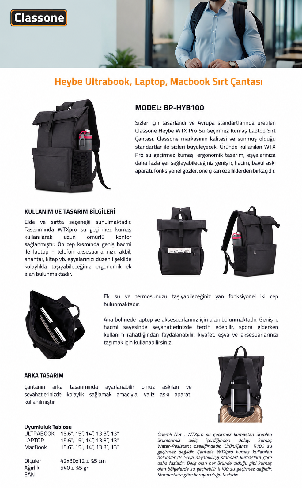 Classone BP-HYB100 Heybe Serisi WTXPro Su geçirmez Kumaş 15.6 inch Uyumlu ,Notebook, Laptop, Macbook Sırt Çantası - Siyah