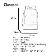 Classone BP-IT900 Benevento Serisi 15.6"WTXpro Su Geçirmez Kumaş, Su Geçirmez Fermuar  Notebook Sırt Çantası-Siyah